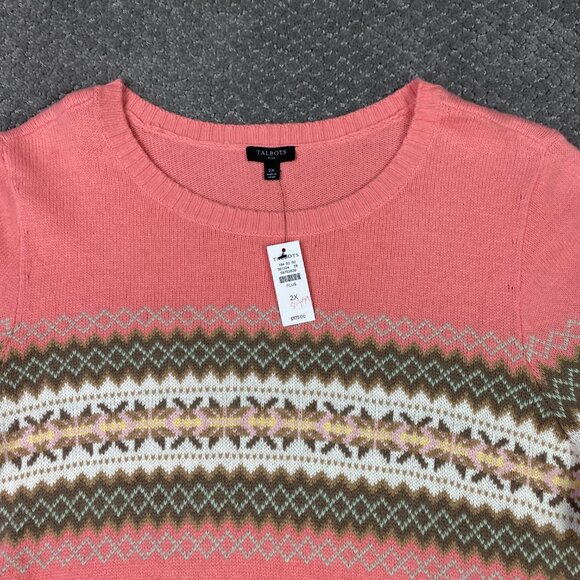 Talbot Sweater Women's 2X Pink Fair Isle Crewneck Merino wool Blend Crew Plus - Picture 2 of 9